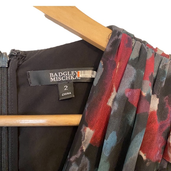 Badgley Mischka Pleated Ruffle Floral Gown, Long Sleeve Maxi Dress - Picture 8 of 10